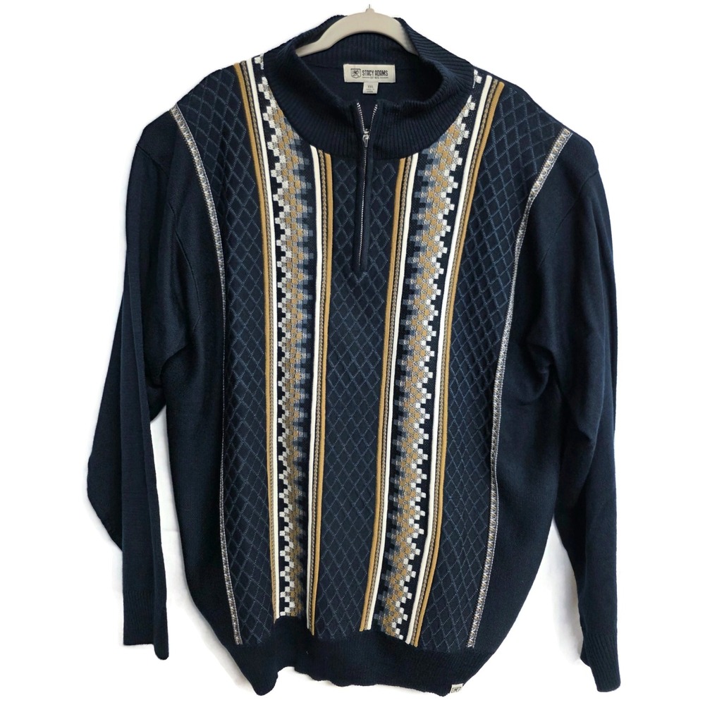 Stacy Adams Mens Quarter Zip Sweater 2XL Blue Geometric Pattern Knit Coogi